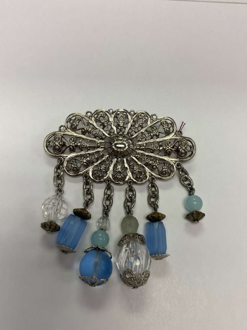 Silver Filigree Brooch with Blue Glass Beads